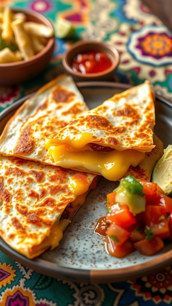 A crispy cheese quesadilla cut into wedges, served with salsa and guacamole on a rustic plate.